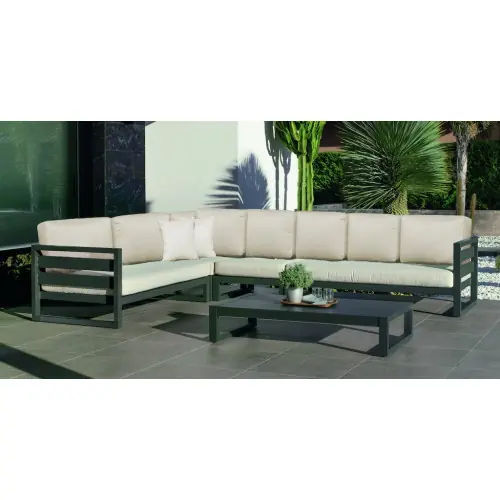 Promotion Saisonnière Salon de jardin sofa d’angle aluminium - COSMOS-29 RINCONERA LUX - Finition anthracite - Coussins Marfil beige - 4 à 8 places - HEVEA
