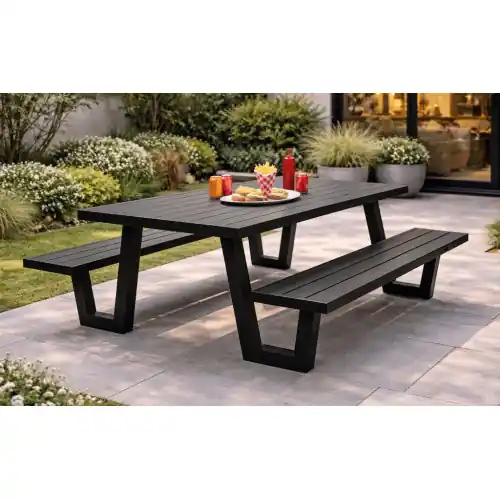 Certifié Table et bancs de jardin YULIEN - Aluminium finition anthracite - 6 à 8 places - HEVEA