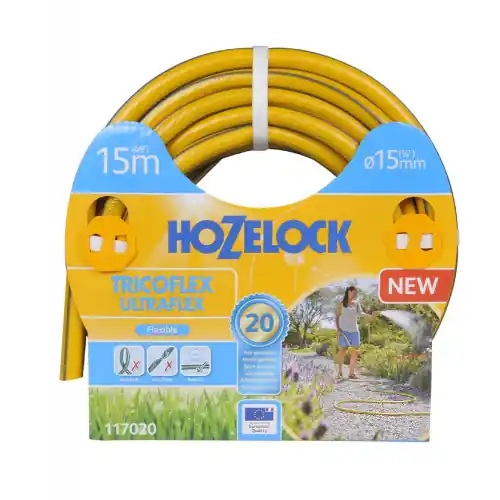 Dernière Chance Tuyau d’arrosage anti torsion – jaune bandes 3D grises (48 uc/pal) – 19mm – 20m – HOZELOCK