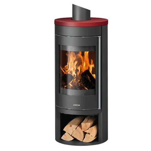 Poêle à bois Mino 2.0 Acier Noir – Dessus Céramique Rouge, Porte Fonte – 5,5 kW – Justus Populaire