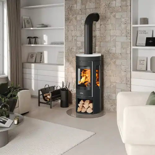 Poêle à bois Mino Trios 2.0 – acier noir – dessus céramique blanc 5 kW – Justus Top Vente