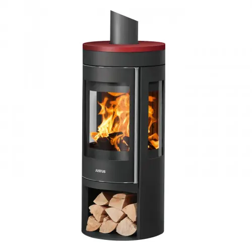 Promotion Poêle à bois Mino Trios 2.0 – acier noir – dessus céramique rouge 5 kW – Justus