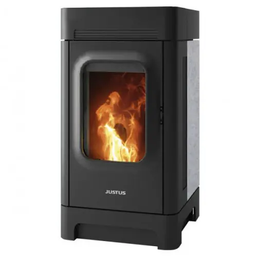 Vente Flash Poêle à granulés Canis Acier Noir – Côtés Pierre Ollaire – 2,5-6,4 kW – Justus