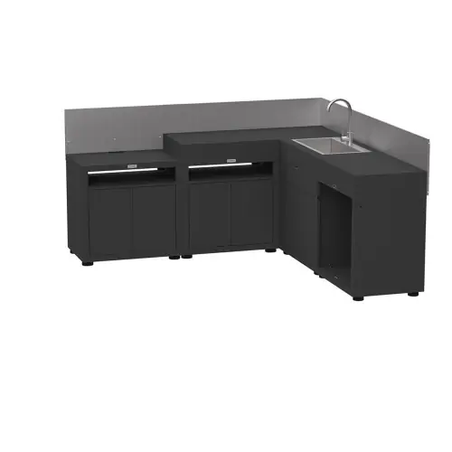 Commander Vite Cuisine d‘angle à 5 éléments en acier noir avec crédence en inox noir - LE MARQUIER