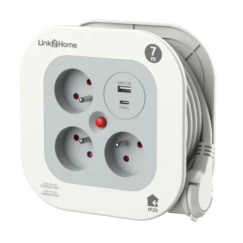 Enrouleur ménager compact USB 7 m – 3 prises et 2 ports USB – Link2home Meilleur Prix