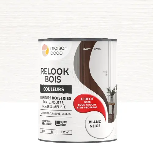 Soldes Peinture Relook bois MAISON DECO, blanc neige satine, 1 l – MAISON DECO