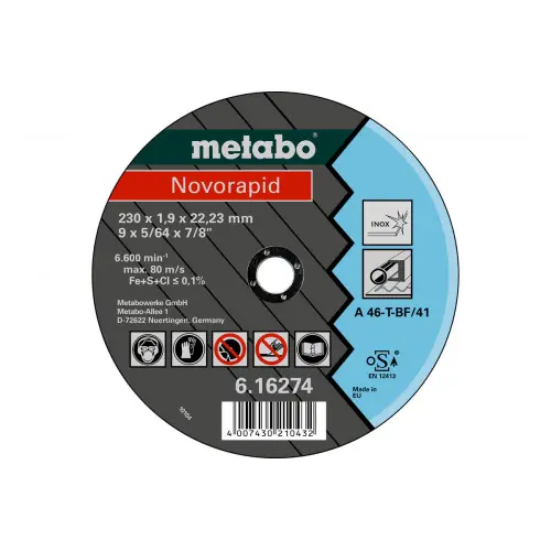 Meules de tronçonnage Novorapid 230×1,9×22,23 Inox – Metabo Certifié