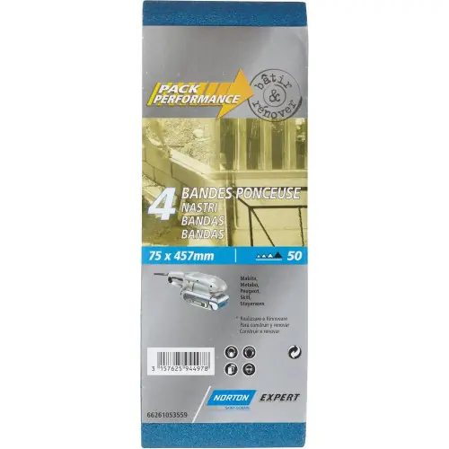 Lot de 4 bandes abrasives NORTON, 75 x 457 mm, grains 50 - NORTON Livraison Express
