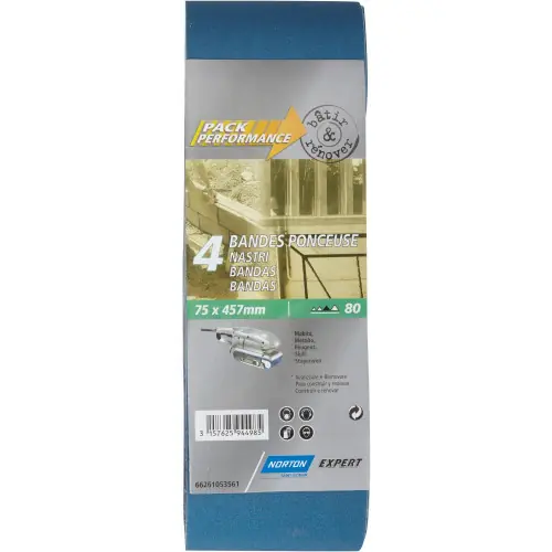 Produit De Marque Lot de 4 bandes abrasives NORTON, 75 x 457 mm, grains 80 – NORTON