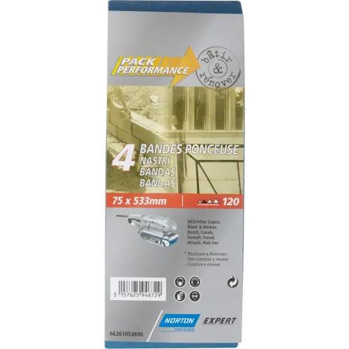 Dernière Chance Lot de 4 bandes abrasives NORTON, 75 x 533 mm, grains 120 – NORTON