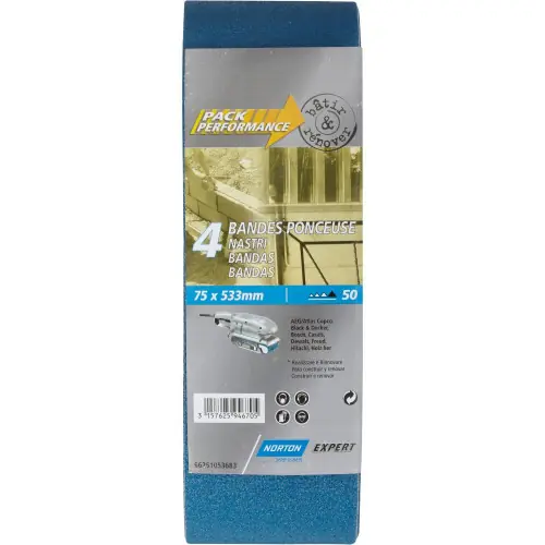Lot de 4 bandes abrasives NORTON, 75 x 533 mm, grains 50 - NORTON Dernière Chance