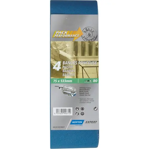Offre Spéciale Lot de 4 bandes abrasives NORTON, 75 x 533 mm, grains 80 – NORTON