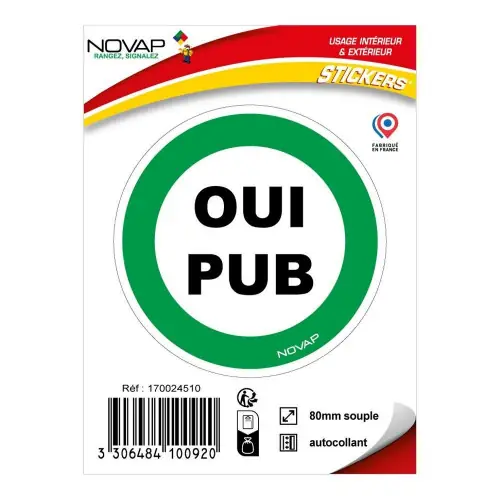Panneau adhésif « OUI PUB » diam. 80 mm – Novap Achat Immédiat