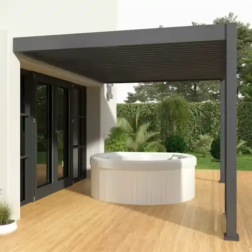 Pergola adossée 4 x 3 m avec store anthracite de 4 m – aluminium anthracite – toiture bioclimatique étanche – Ombréa Super Prix