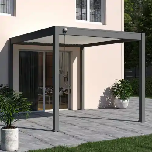 Acheter Direct Pergola autoportante 3 x 3 m à lames orientables – aluminium anthracite – toit blanc avec drainage intégré – Ombréa