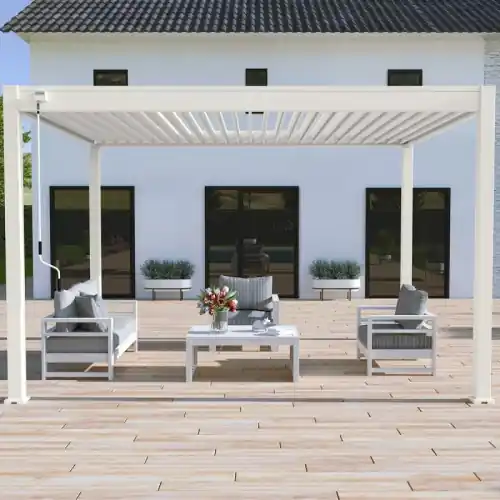 Pergola bioclimatique 3 x 4 m à lames doubles orientables – aluminium blanc – store inclus – Ombréa Pas Cher