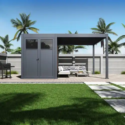 Retour Gratuit Pergola bioclimatique 4 x 3 m avec abri 8 m² – aluminium anthracite et bois composite – surface totale 20 m² – Ombréa