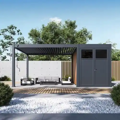 Pergola bioclimatique 4 x 4 m avec abri 8 m² – aluminium anthracite et bois composite – surface totale 24 m² – Ombréa Remise