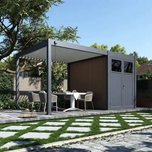 Nouvel Arrivage Pergola bioclimatique 5 x 3 m A&B avec pergola et abri de rangement - aluminium anthracite et bois composite - surface 15 m² - Ombréa