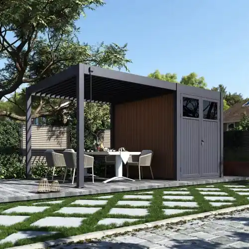 Pergola bioclimatique 5 x 3 m avec abri de rangement - aluminium anthracite et bois composite - surface 15 m² - Ombréa Acheter En Ligne