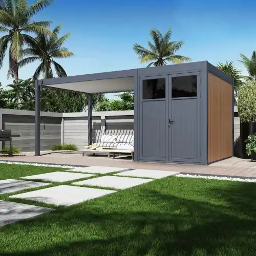 Pergola bioclimatique 6 x 3 m A&B avec pergola et abri de rangement - aluminium anthracite et bois composite - Ombréa Produit De Marque