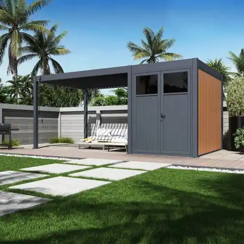Pergola bioclimatique 6 x 3 m avec pergola 3 x 4 m et abri de rangement – aluminium anthracite et bois composite – surface 18 m² – Ombréa Achetez Aujourd&rsquo;hui