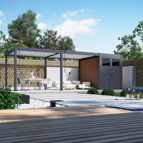 Vente Directe Pergola bioclimatique 8 x 3 m A&B avec pergola 3 x 6 m et abri de rangement – aluminium anthracite et bois composite – surface 2 – Ombréa