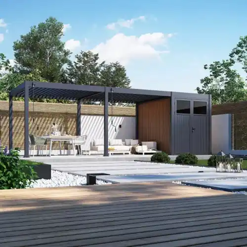 Pergola bioclimatique 8 x 3 m avec pergola 3 x 6 m et abri de rangement - aluminium anthracite et bois composite - surface 24 m² - Ombréa Soldes