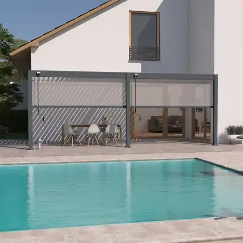 Pergola bioclimatique adossée 6 x 3 m avec 2 stores anthracite- aluminium anthracite - toiture étanche - Ombréa Certifié