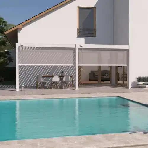 Pergola bioclimatique adossée 6 x 3 m avec 2 stores blanc – aluminium blanc – toiture étanche – Ombréa Commander Maintenant