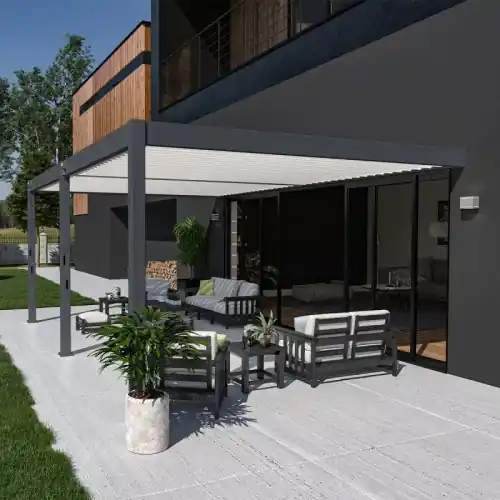 Livraison Express Pergola bioclimatique adossée 6 x 4 m avec 2 stores blancs - aluminium anthracite et lames blanches - toiture étanche - Ombréa