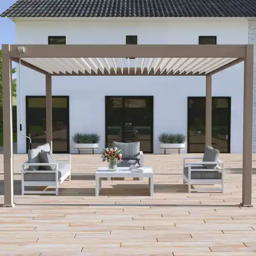 Achetez Aujourd&rsquo;hui Pergola bioclimatique autoportante 3 x 4 m à lames doubles orientables – aluminium – rideaux relevables inclus – Ombréa