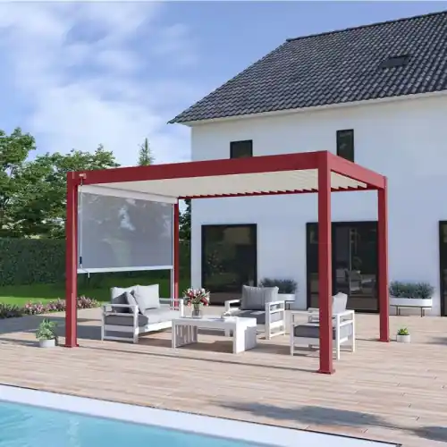 Authentique Pergola bioclimatique autoportante 4 x 3 m à lames orientables – aluminium rouge et blanc – store latéral inclus – Ombréa
