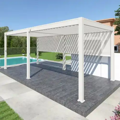 Soldes Pergola bioclimatique autoportante 6 x 3 m à lames orientables – aluminium blanc – 2 stores latéraux inclus – Ombréa