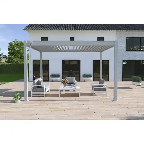Pergola bioclimatique autoportante gris perle – 300 x 400 x H. 258 cm – Ombréa Dernier Modèle