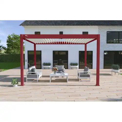 Pergola bioclimatique autoportante rouge/blanc – 300 x 400 x H. 258 cm – Ombréa Certifié