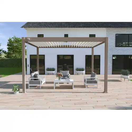 Pergola bioclimatique autoportante taupe/blanc - 300 x 400 x H. 258 cm - Ombréa Produit De Marque