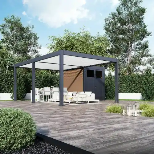 Pergola bioclimatique corner 30 m² A&B avec pergola 4 x 6 m et abri latéral – aluminium anthracite et bois composite – Ombréa Meilleure Vente