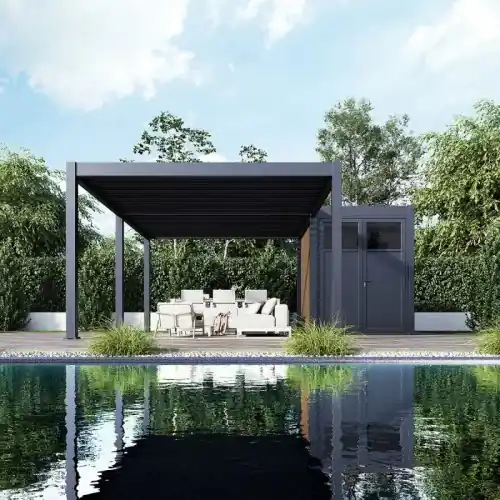 Pas Cher Pergola bioclimatique corner 30 m² avec pergola 4 x 6 m et abri latéral – aluminium anthracite et bois composite – Ombréa