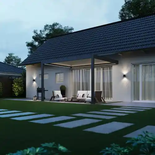 Pergola bioclimatique motorisée adossée 3 x 4 m - aluminium anthracite et lames blanches - toiture étanche - Ombréa Offre Limitée