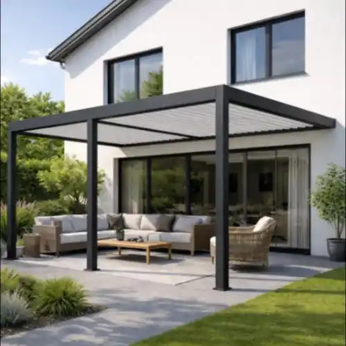 Dernier Modèle Pergola bioclimatique motorisée adossée 8 x 4 m – aluminium anthracite et blanc – double motorisation – Ombréa