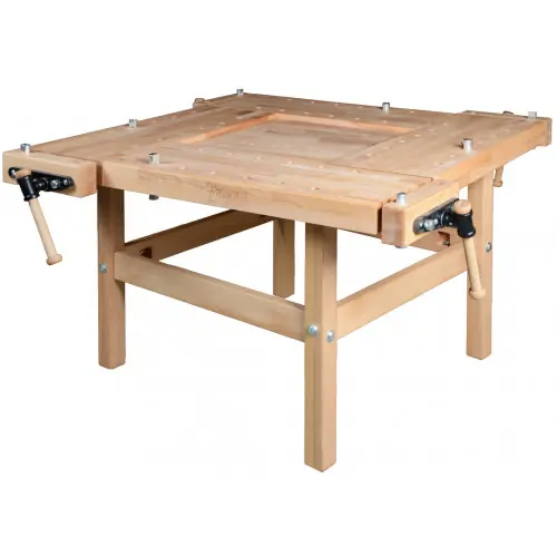 Certifié Plateau d’établi – SCHOOL 3 – hêtre massif 1600 x 1600 x 80 mm – 4 postes – perçage 19 mm – Pinié