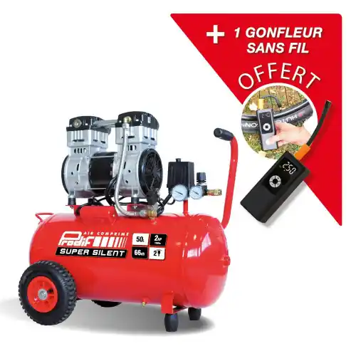 Bon Plan Compresseur d‘atelier silencieux PRODIF 50 l 2 cv SIL850GSF 12 V + gonfleur sans fil – PRODIF
