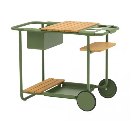 Dernier Modèle Desserte SUNSET aluminium époxy plateaux teck FSC - Amande - 90 x 46,5 cm - PROLOISIRS