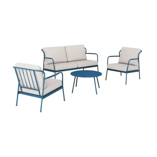 Ensembe salon de jardin 4 places Noa II en acier - coussins polyeste - bleu/beige clair - PROLOISIRS Meilleur Choix