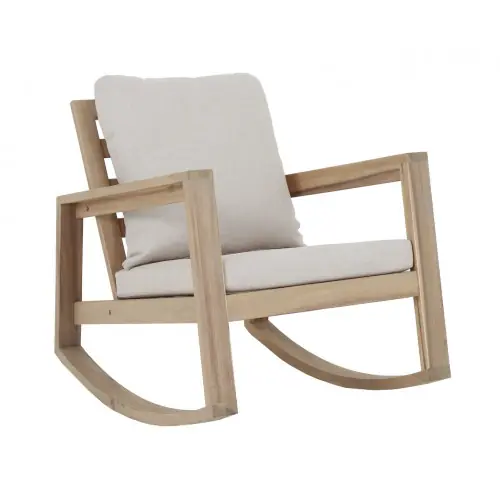 Fauteuil à bascule en acacia FSC avec coussins – PHUKET – Coloris naturel et crème – PROLOISIRS Vente Directe