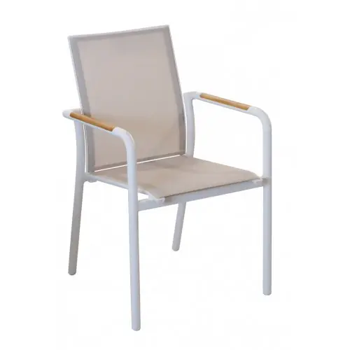 Fauteuil repas empilable - AROHA - Blanc chevron - Aluminium époxy - Accoudoirs teck FSC - PROLOISIRS Jusqu'à Épuisement Des Stocks