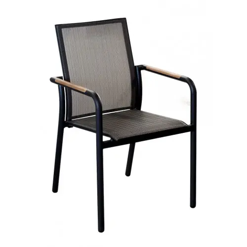 Acheter Direct Fauteuil repas empilable – AROHA – Graphite chevron – Aluminium époxy – Accoudoirs teck FSC – PROLOISIRS