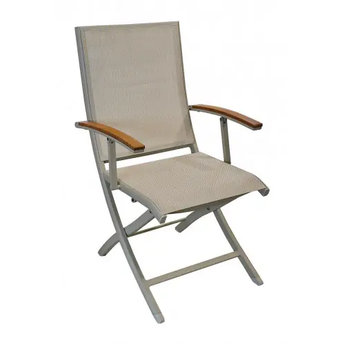Haute Qualité Fauteuil repas pliant - TREVISE - Crème chevron - Aluminium époxy - Accoudoirs teck FSC - PROLOISIRS