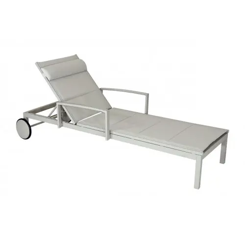 Lit de relaxation en aluminium et TPEP matelassé - NINA - Dossier réglable avec accoudoirs et roues - Coloris crème et chevron - PROLOISIRS Authentique